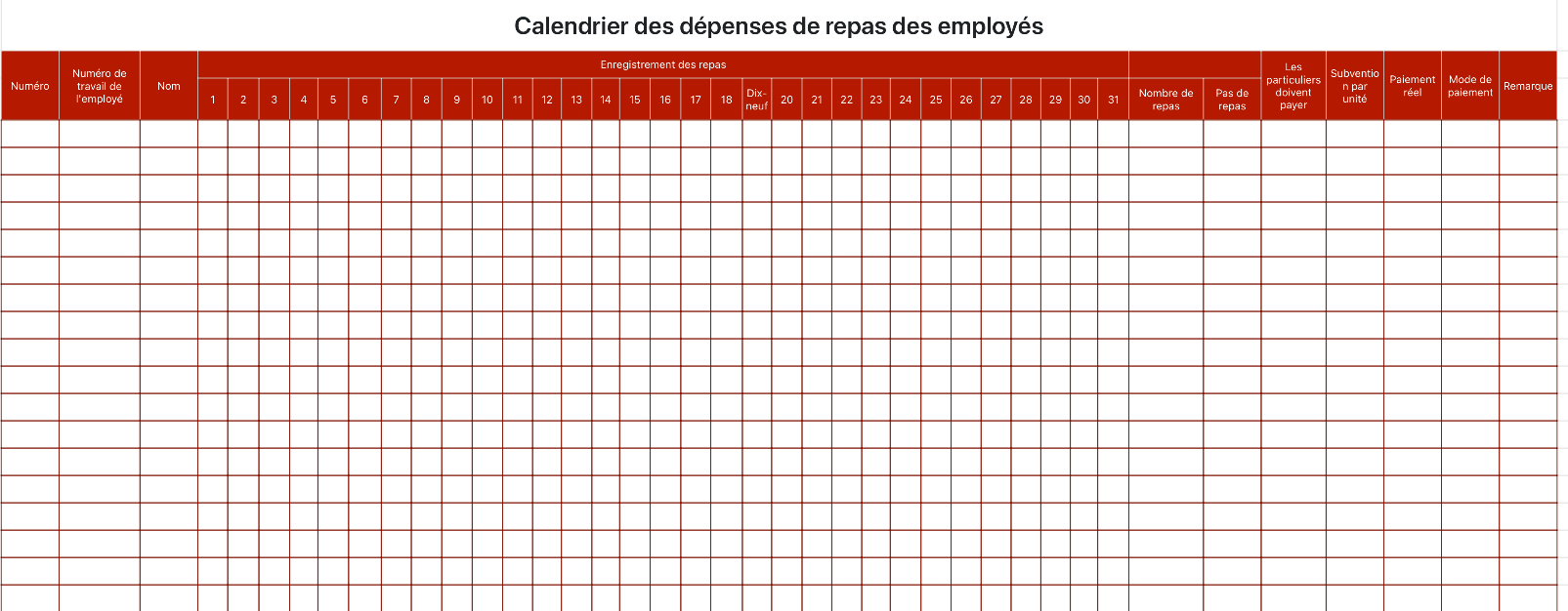 Calendrier des dépenses de repas des employés